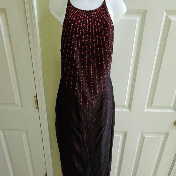 Vintage JSBoutique 90s Red & Black Beaded Criss Cross Back Maxi Formal Dress - Picture 8 of 15